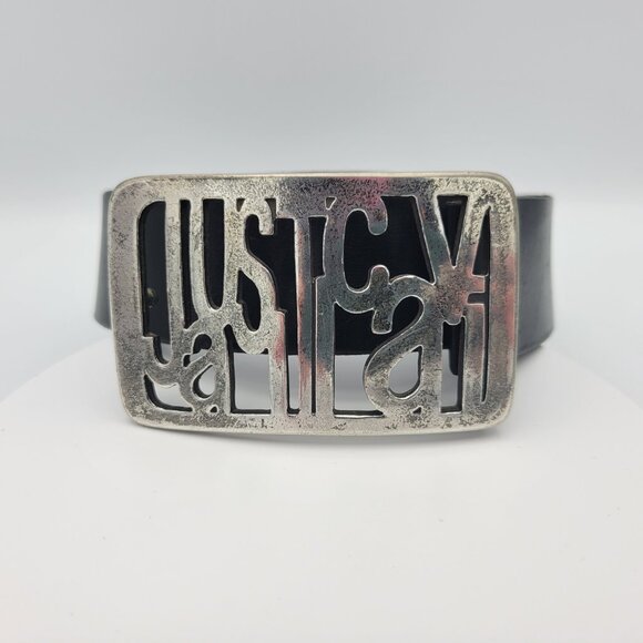 JUSTCAVALLI SILVER BELT BUCKLE WITH BLACK LEATHER BELT SIZE:85 - Picture 1 of 10